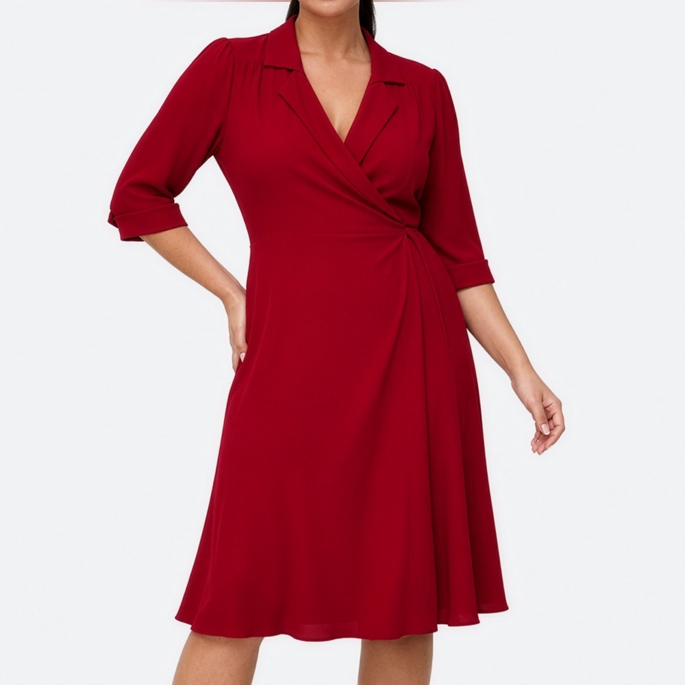 ModCloth 100% Viscose M/L 10 Retro Wrap Crimson Red Midi Dress 50s